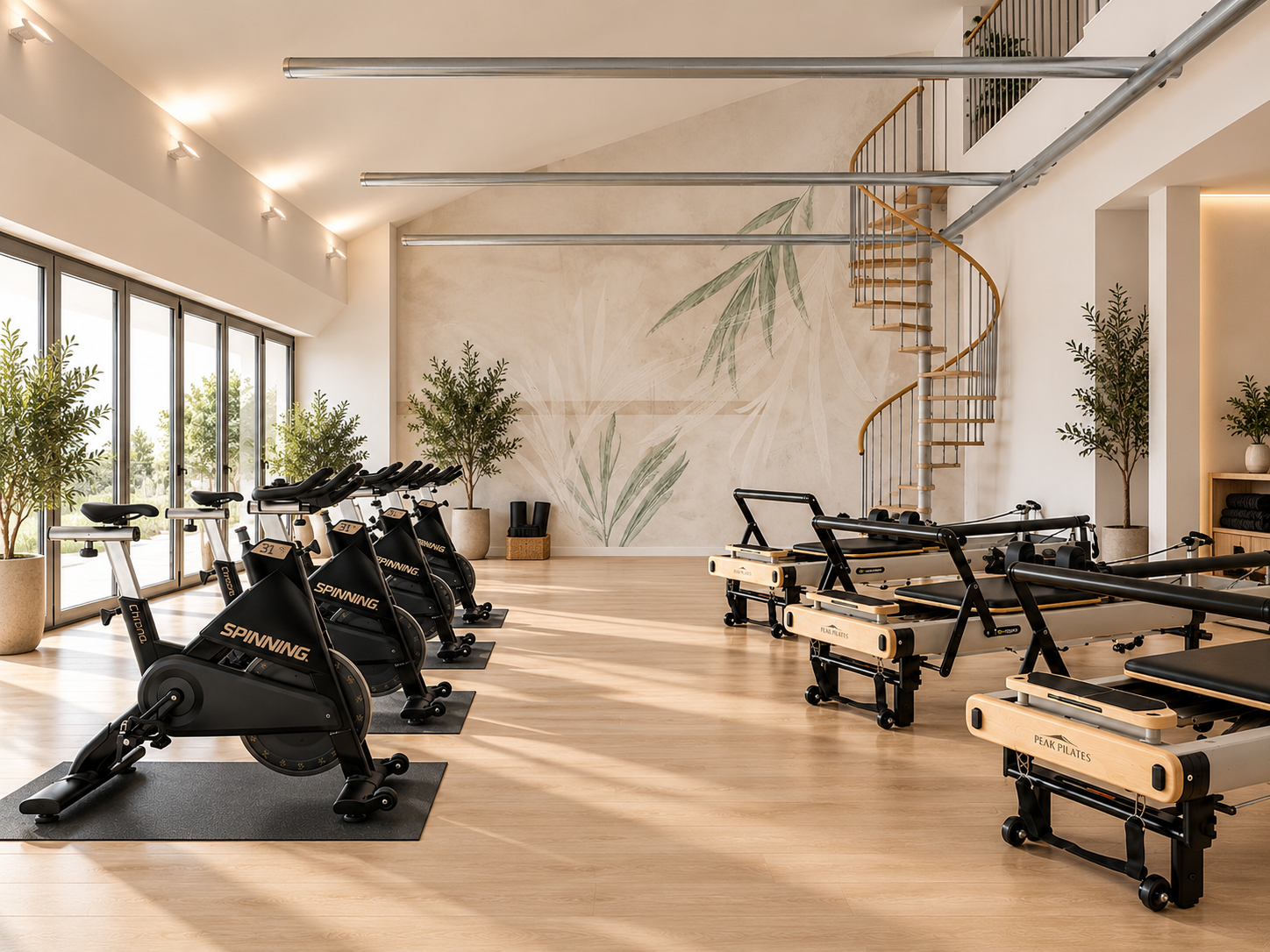 Studio pronto con bike Spinning e reformer Peak Pilates