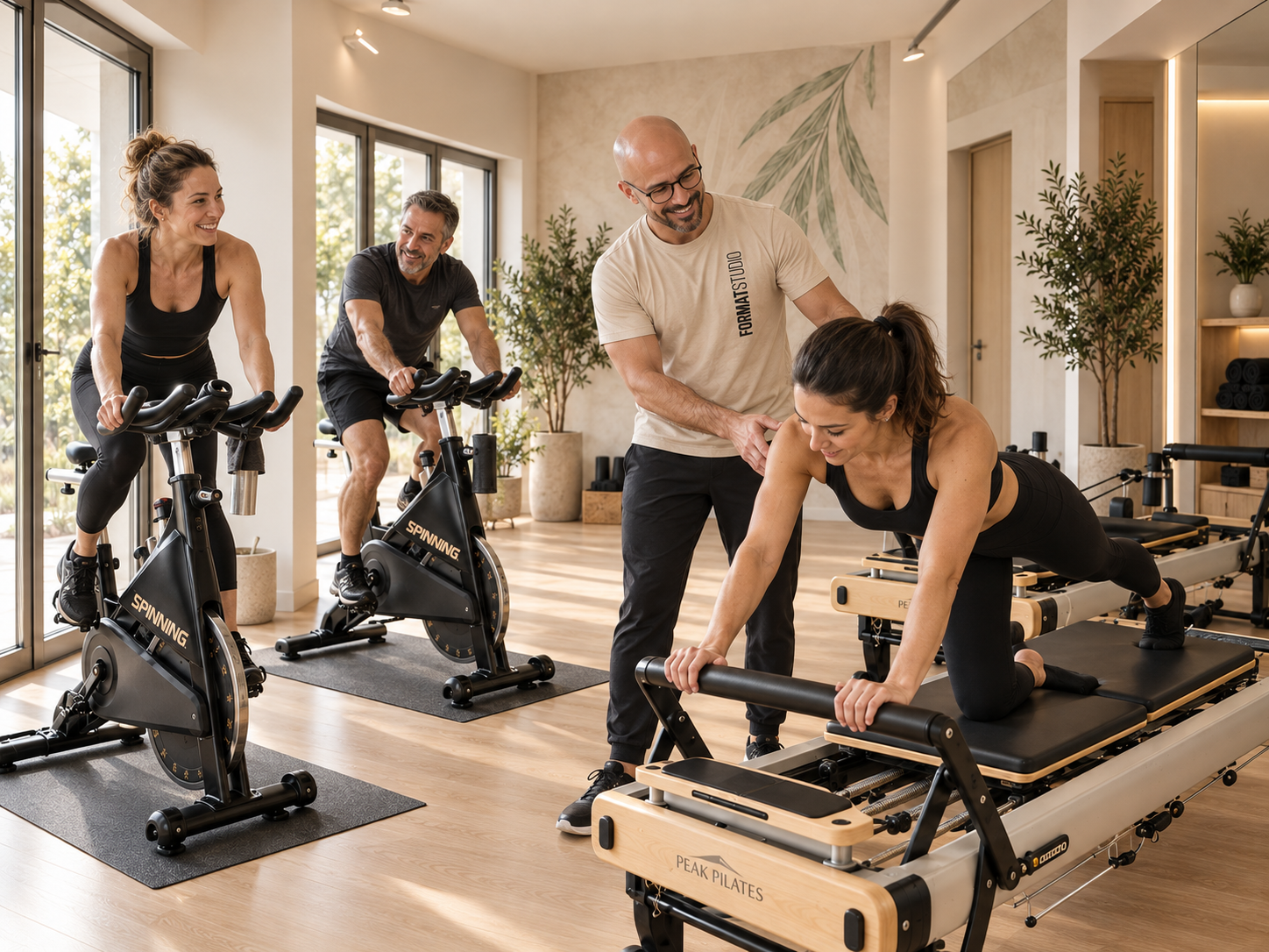 Uno studio compatto con un coach e tre persone che si allenano su bike e reformer